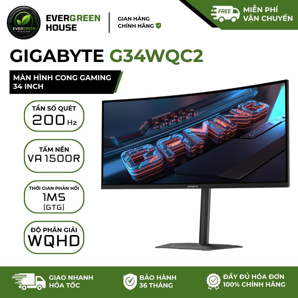 Màn Hình Cong UltraWide Gigabyte G34WQC2 34" VA 1500R WQHD 200Hz 1ms 125% sRGB 450nits |