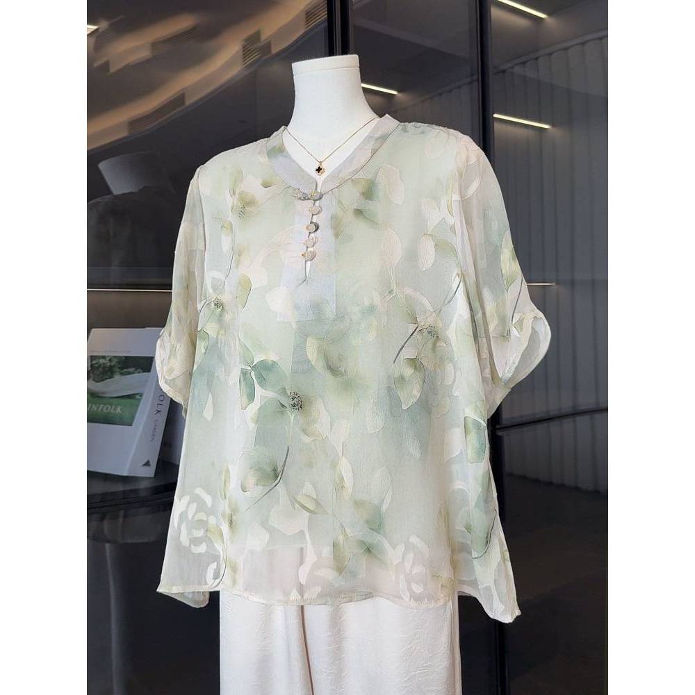 2026 New Top Middle-Aged and Elderly T-shirt Mom Summer Clothes Chiffon Shirt Short Sleeve Kz1G