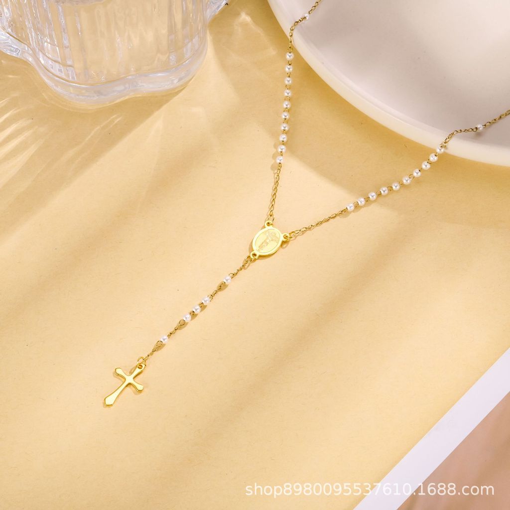 Vàng 18K Mạ Chân Không Thép Titan Trang Sức Đức Trinh Nữ Mary Giả Ngọc Trai Chữ Thập Mạ Vàng 18K