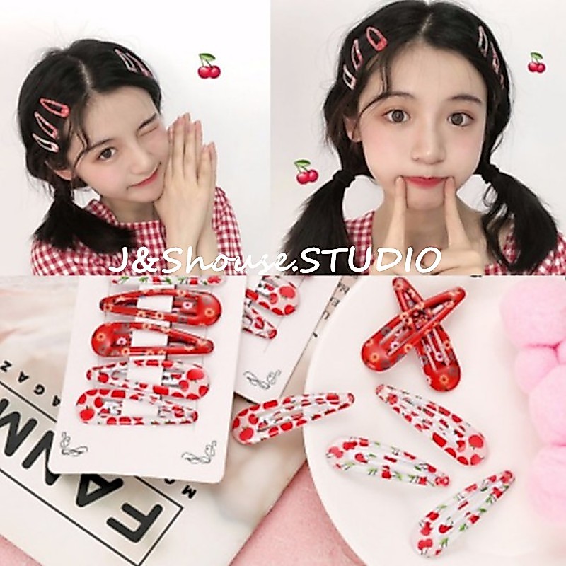 J109 6 Cái / thẻ Kẹp Tóc Dễ Thương Nhật Bản Với Phụ Kiện Nữ In Hình Anh Đào Và Táo