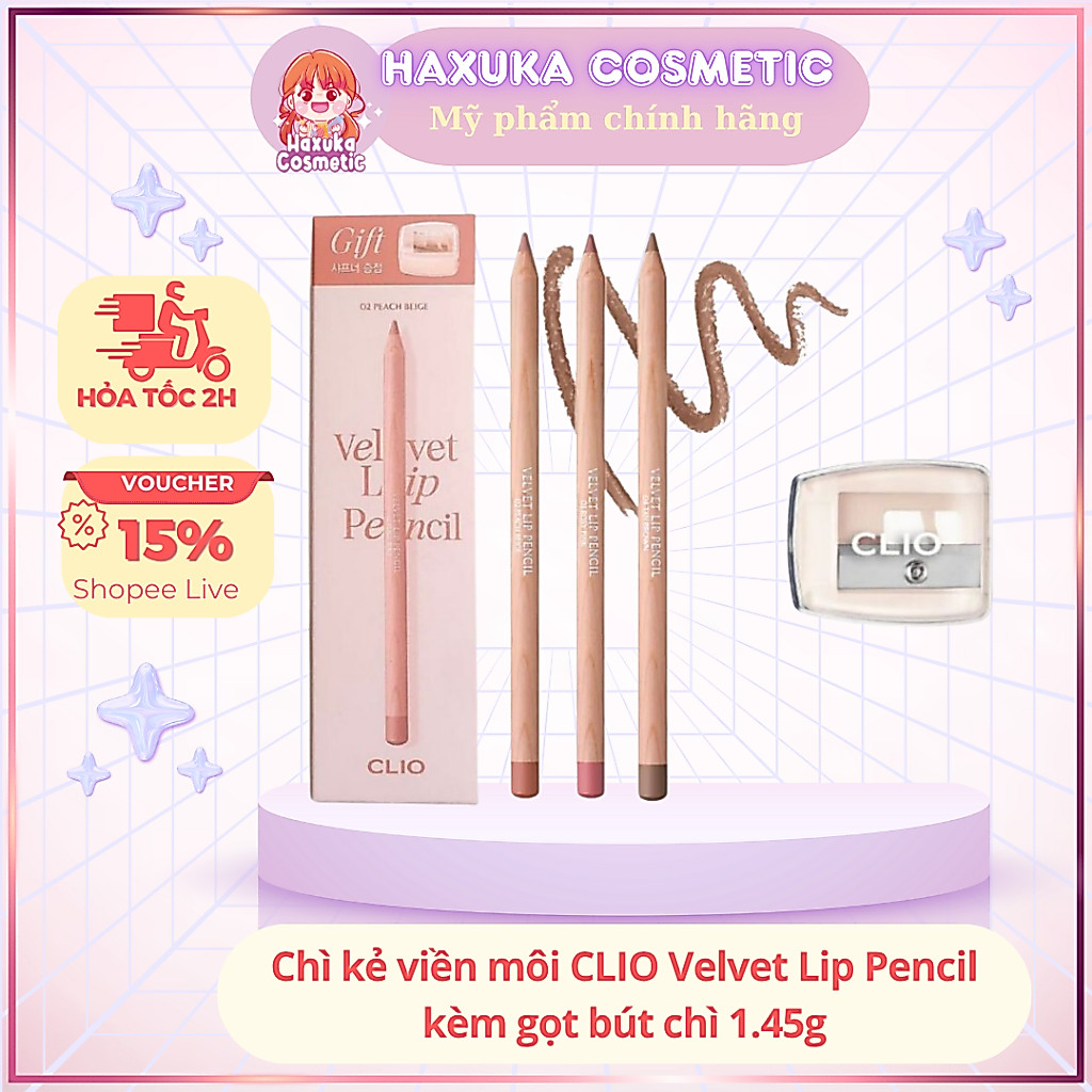 Chì kẻ viền môi CLIO Velvet Lip Pencil kèm gọt bút chì 1.45g mềm mịn bền màu định hình môi chuẩn nét