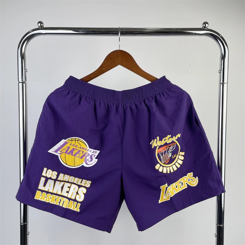 Los Angeles Lakers Lakers Xanh Retro Bóng Quần Thêu Thể Thao Quần Short Bỏ Túi Phiên Bản Mỹ Cao Cấp 