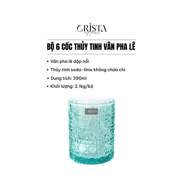 ( 1 SÉT 6 LY ) LY LÙN THUỶ TINH MÀU XANH 60253 390ML CRISTA TEWA