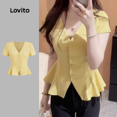 (thanh lịch) Lovito Áo sơ mi nữ giản dị  cài nút  cổ mảnh  xẻ trước  phù hợp mùa xuân hè  màu vàng L142ED617