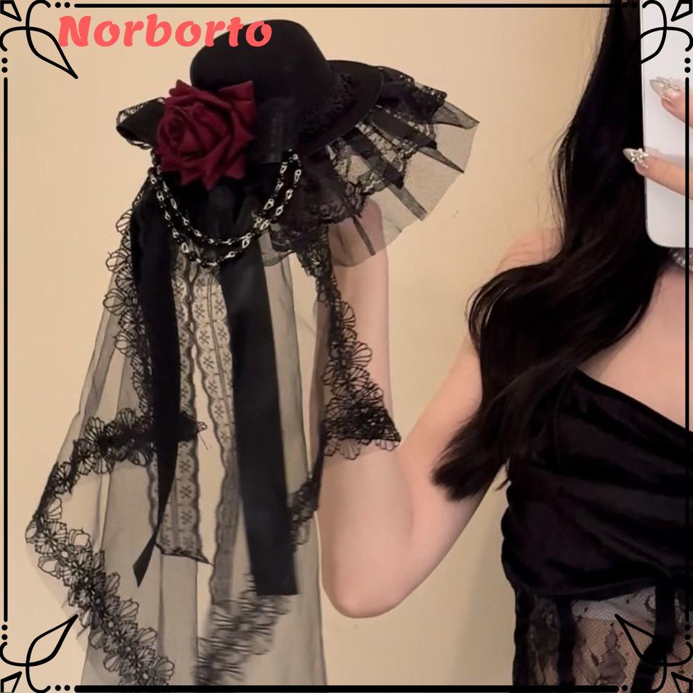 NORBORTO Gothic Veil Rose Top Hat, Hoa Đen Trắng Nơ Trang Trí Mũ Gothic, Thời Trang Gothic Tối Quà T