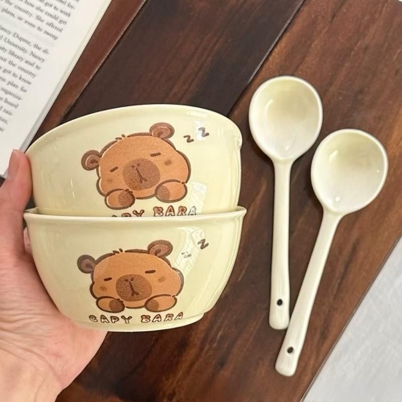 ( Tặng 2 Thìa ) Set 2 Bát Sứ Hình Capy Bara, set 2 bát 2 thìa ăn dặm cho bé. Hàng Đóng Hộp Xốp