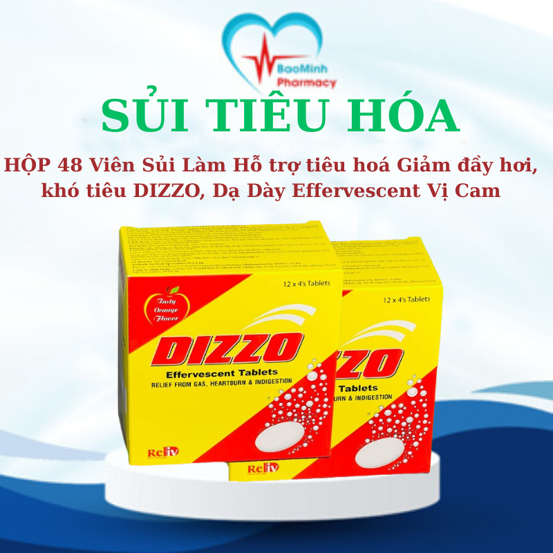 HỘP 48 Viên Sủi Làm Hỗ trợ tiêu hoá Giảm đầy hơi, khó tiêu DIZZO, Dạ Dày Effervescent Vị Cam