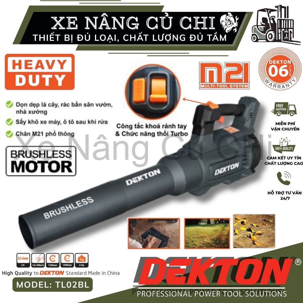 Máy thổi lá dùng pin Dekton M21-TL01BL-TL02BL, motor brushless, lưu lượng gió lên đến 180km/h, chân 