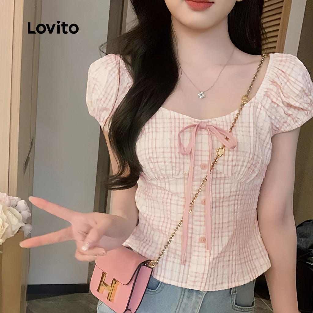 Áo kiểu nữ Lovito hồng xuân hè nơ Gingham phong cách thường ngày L136AD105 | BigBuy360 - bigbuy360.vn