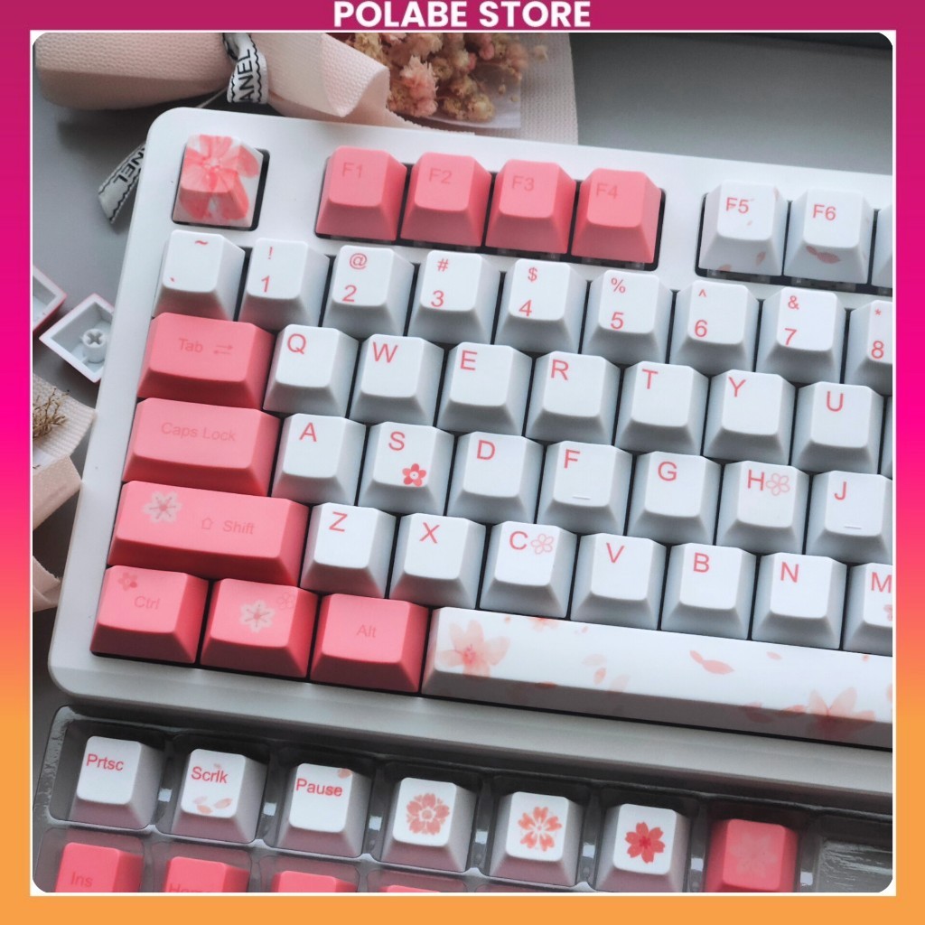 Keycap Blossom Sakura Pink - Cherry Profile PBT Dyesub Keycap Bàn Phím Cơ 60 65 75 TKL Fullsize - Po