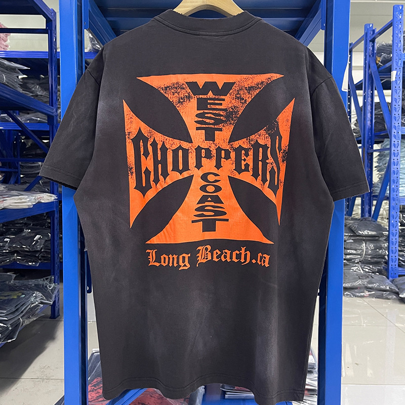 WO8C west coast West Coast Exclusive”Orange Cross Retro vintage Washed ripped short-sleeve shirt T S