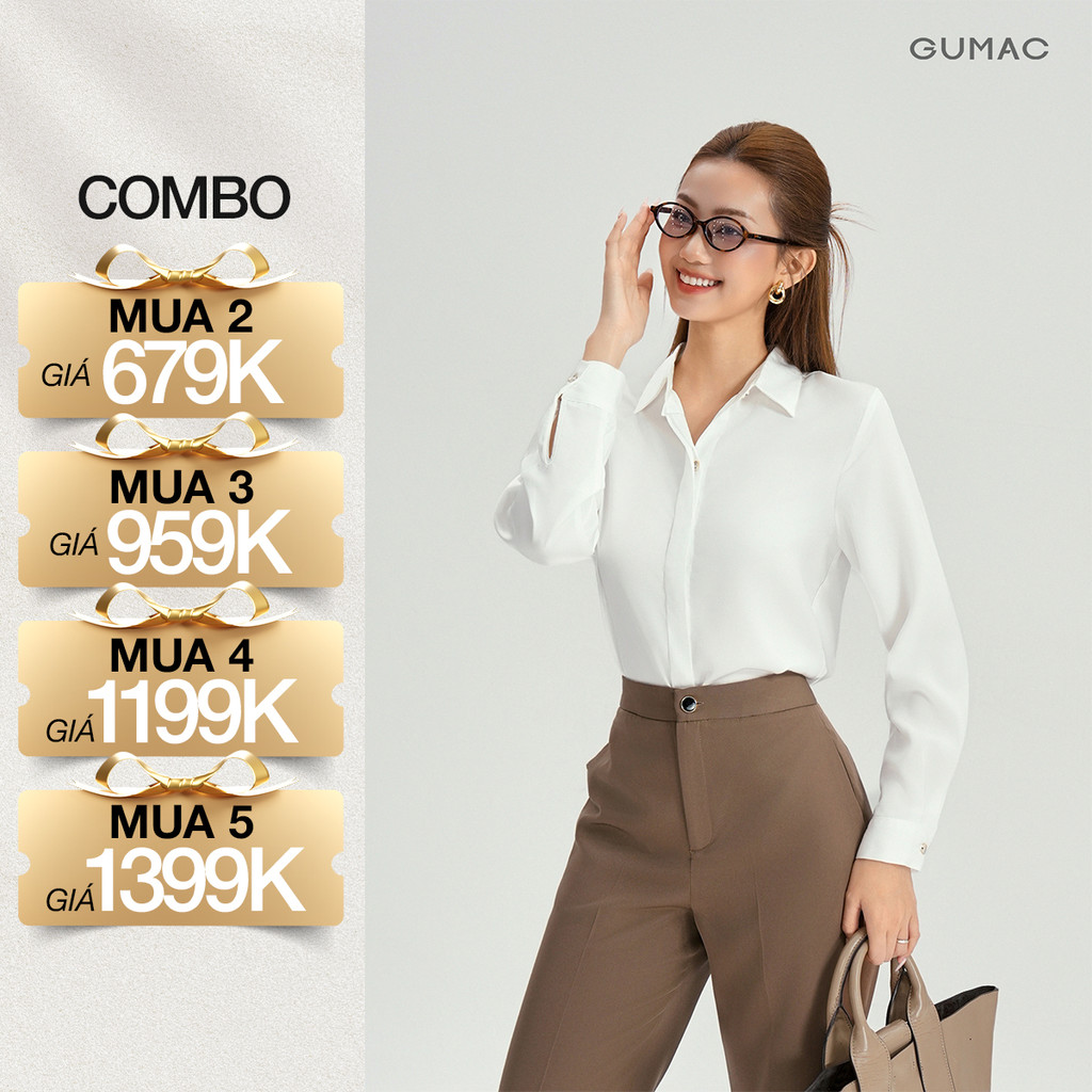 Áo Sơ Mi Nữ Tay Dài GUMAC Áo Kiểu Công Sở Lụa Trơn Basic Cơ Bản Nẹp Đôi Giấu Nút BAE00003
