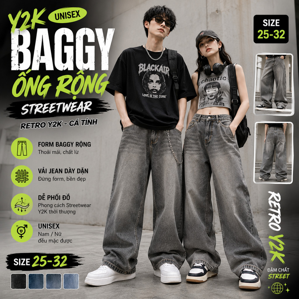 Quần Jean Baggy Unisex Retro Y2K Ống Rộng Streetwear Cá Tính