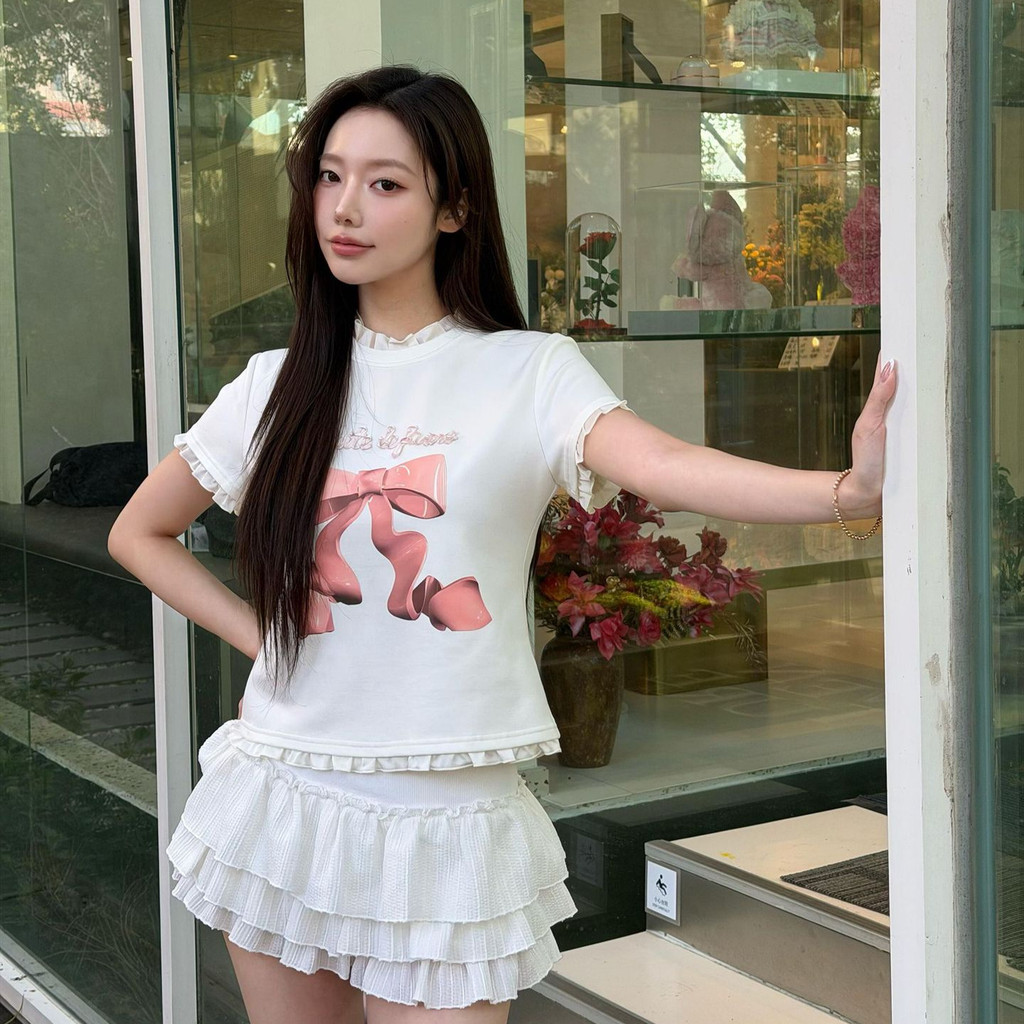 Angelababy Same Style26Summer new style bow print short-sleeve slimming ruffle top T Women's T-shirt