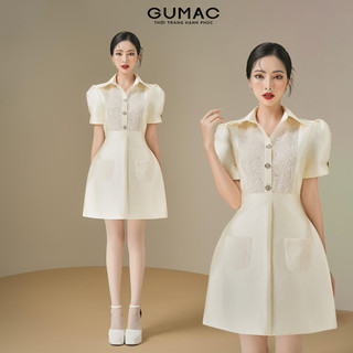 [SALE] Đầm Nữ Form A GUMAC 2 Túi Ốp Phối Ren Tay Ngắn Phồng Đính Nút Sang Trọng DE06015