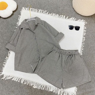  Set Đồ Đậu Bigsize – Áo Sơ Mi Nữ Sọc Linen Kèm Quần Đùi Thoải Mái Năng Động SET862 
