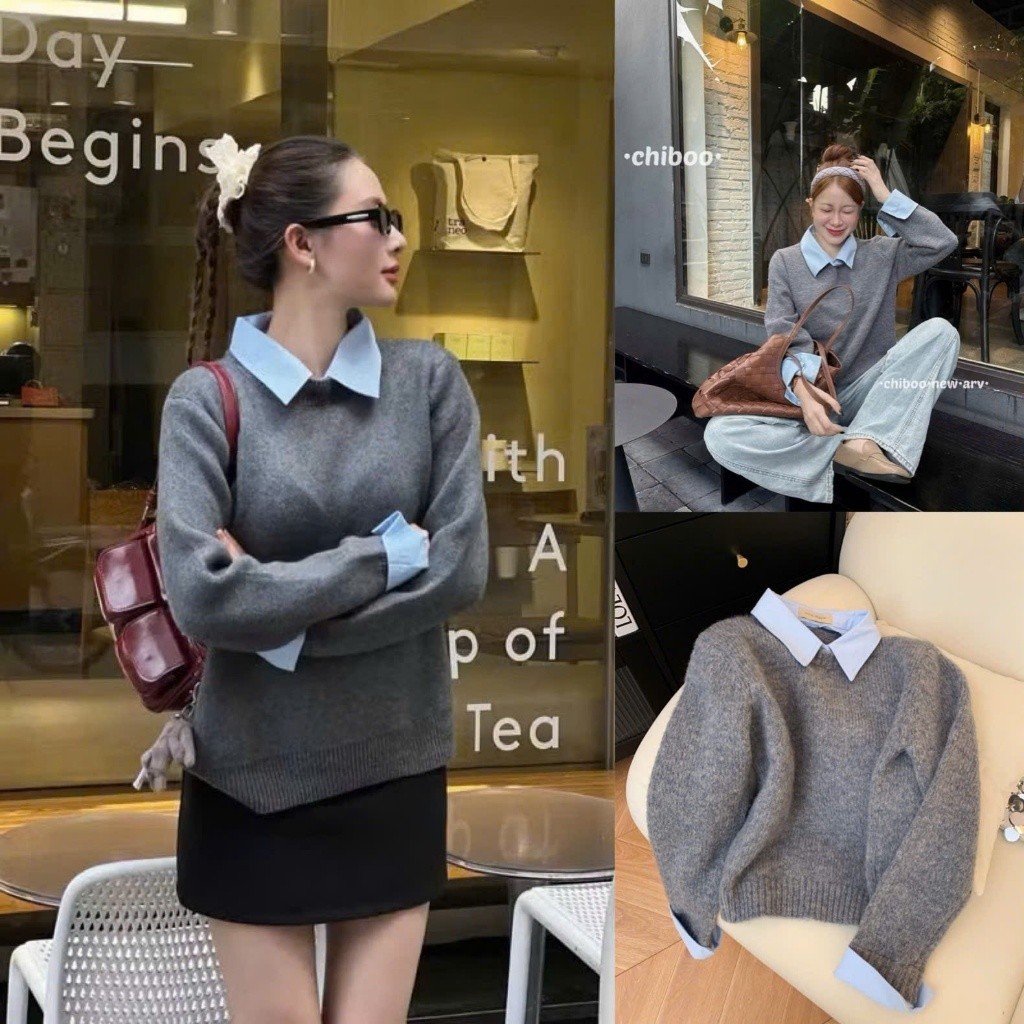 Áo len dệt kim nữ thiết kế phối sơ mi phong cách trẻ trung hàng QCCC HMH SP392 | BigBuy360 - bigbuy360.vn