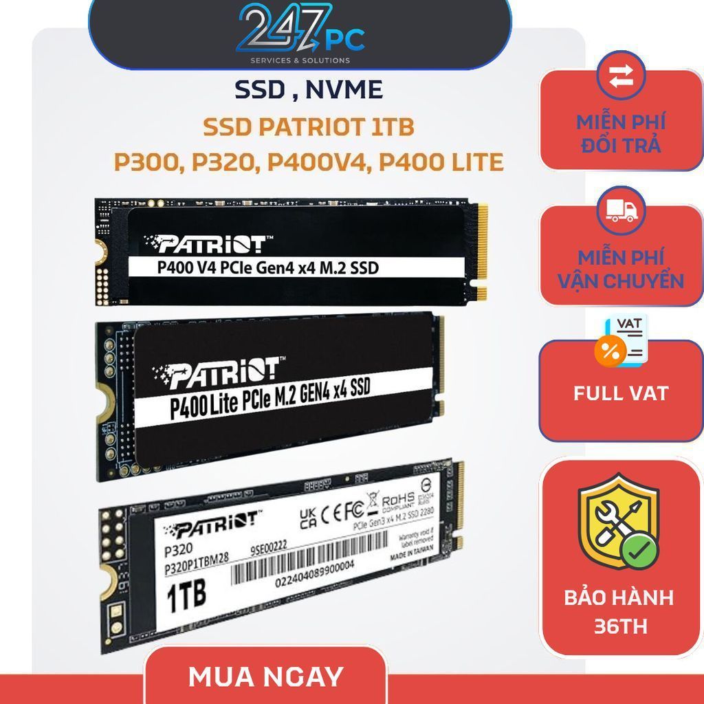 Ổ cứng SSD Patriot P300, P320, P400v4, P400 Lite  1TB M.2 2280 PCIe Gen3 x4 - BH 60 tháng