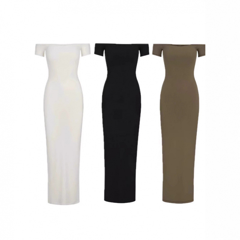 skims Off-shoulder vertical stripe modal long dress, off-shoulder stretchy short-sleeve dress