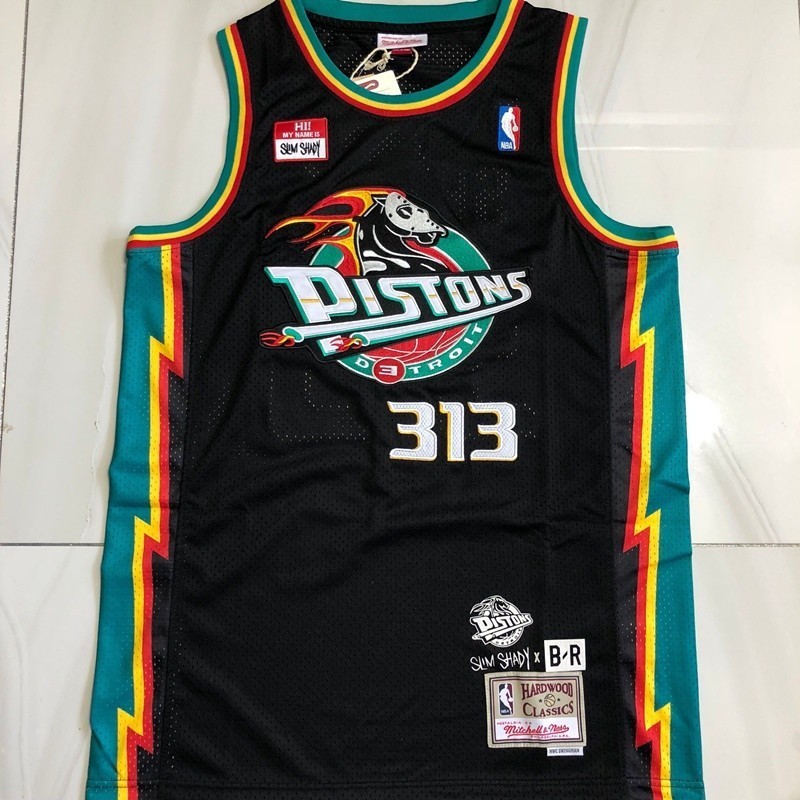 Áo thêu đầy đủ Eminem Edition Jersey Mitchell Ness Detroit Pistons Eminem Eminem Slim Shad Áo bóng r