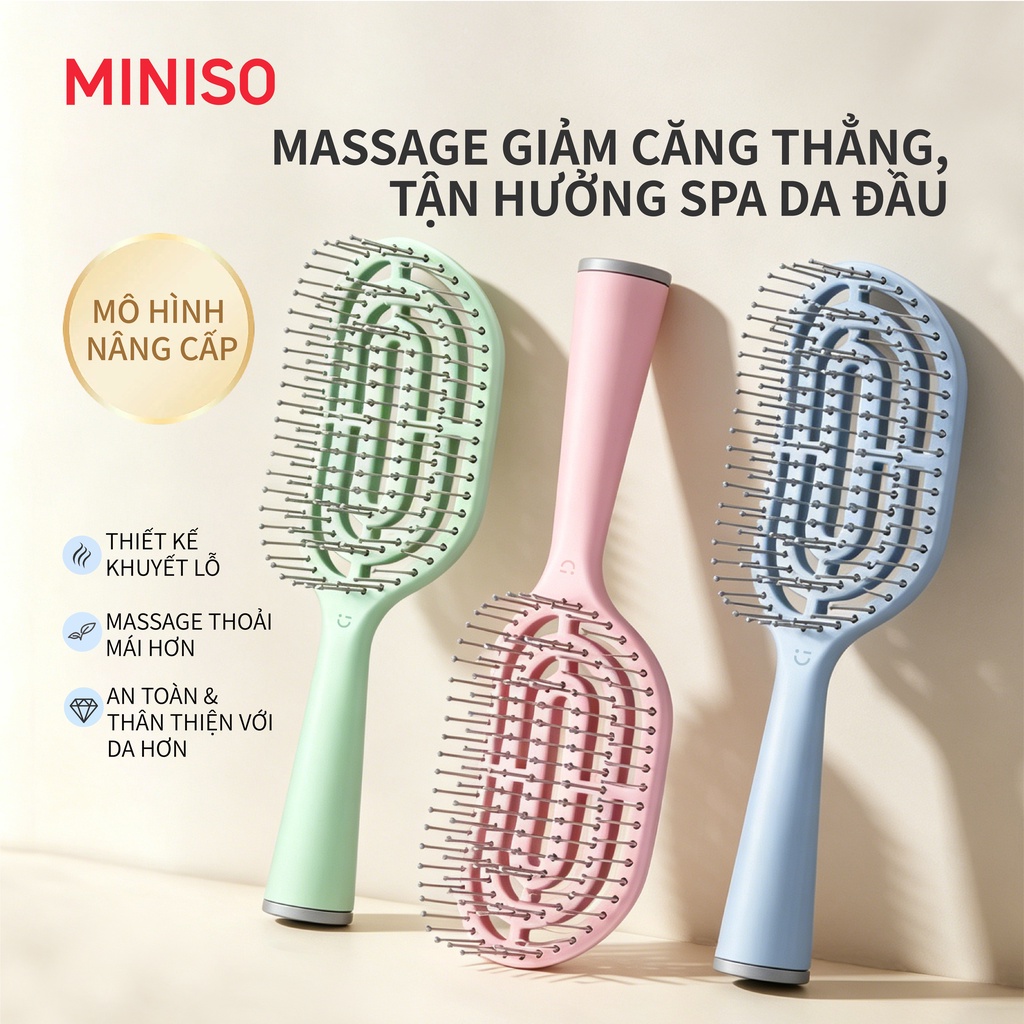 MINISO lược tạo kiểu, chải gàu, massage đầu dạng xương mini, chống tĩnh điện, lưng thoáng, kèm cọ mó