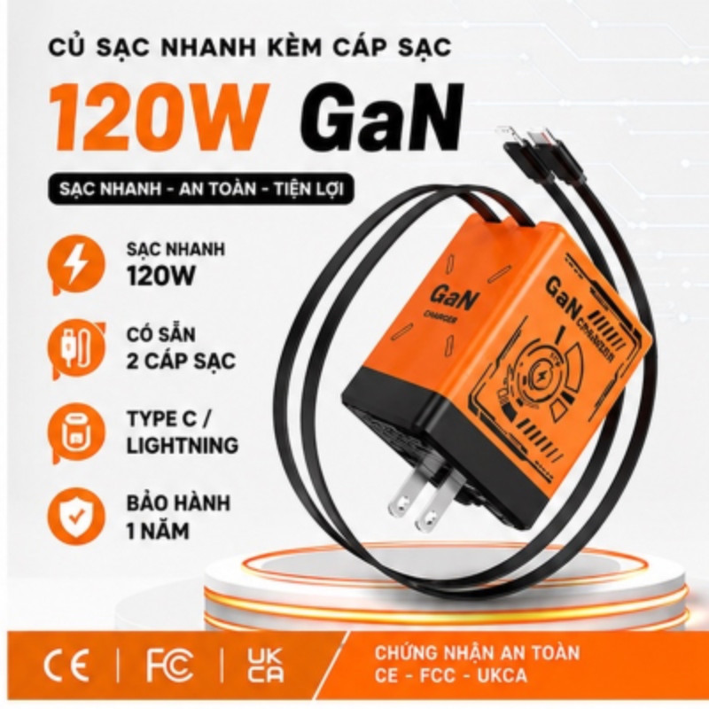 Củ Sạc Nhanh 120W GaN PUCEN HOME, Cốc Sạc Nhanh Cáp Sạc Rút 80cm PD 120W Chân Gập 90°