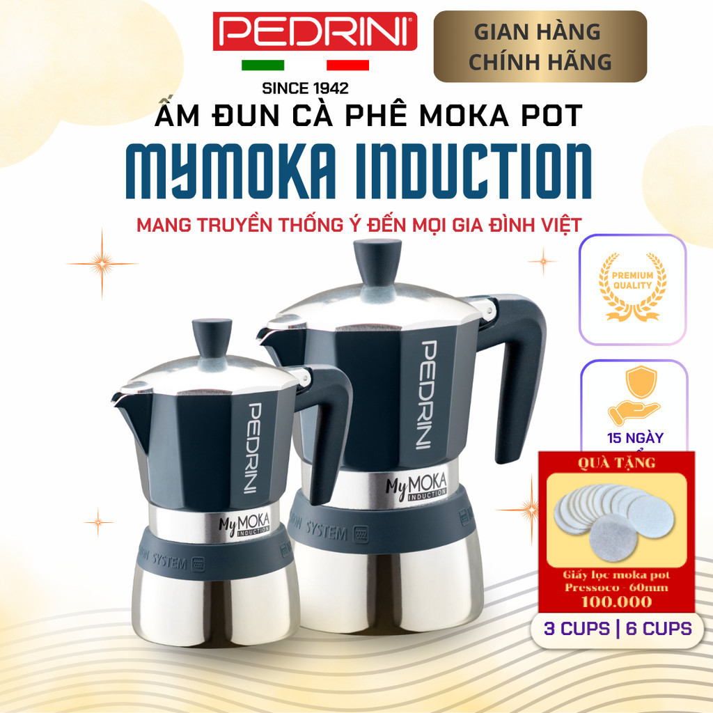 Ấm Bình Pha Cà Phê Moka Pot Kiểu Ý PEDRINI MyMoka Induction - Dùng Trên Bếp Từ - Loại 3 Cups, 6 Cups