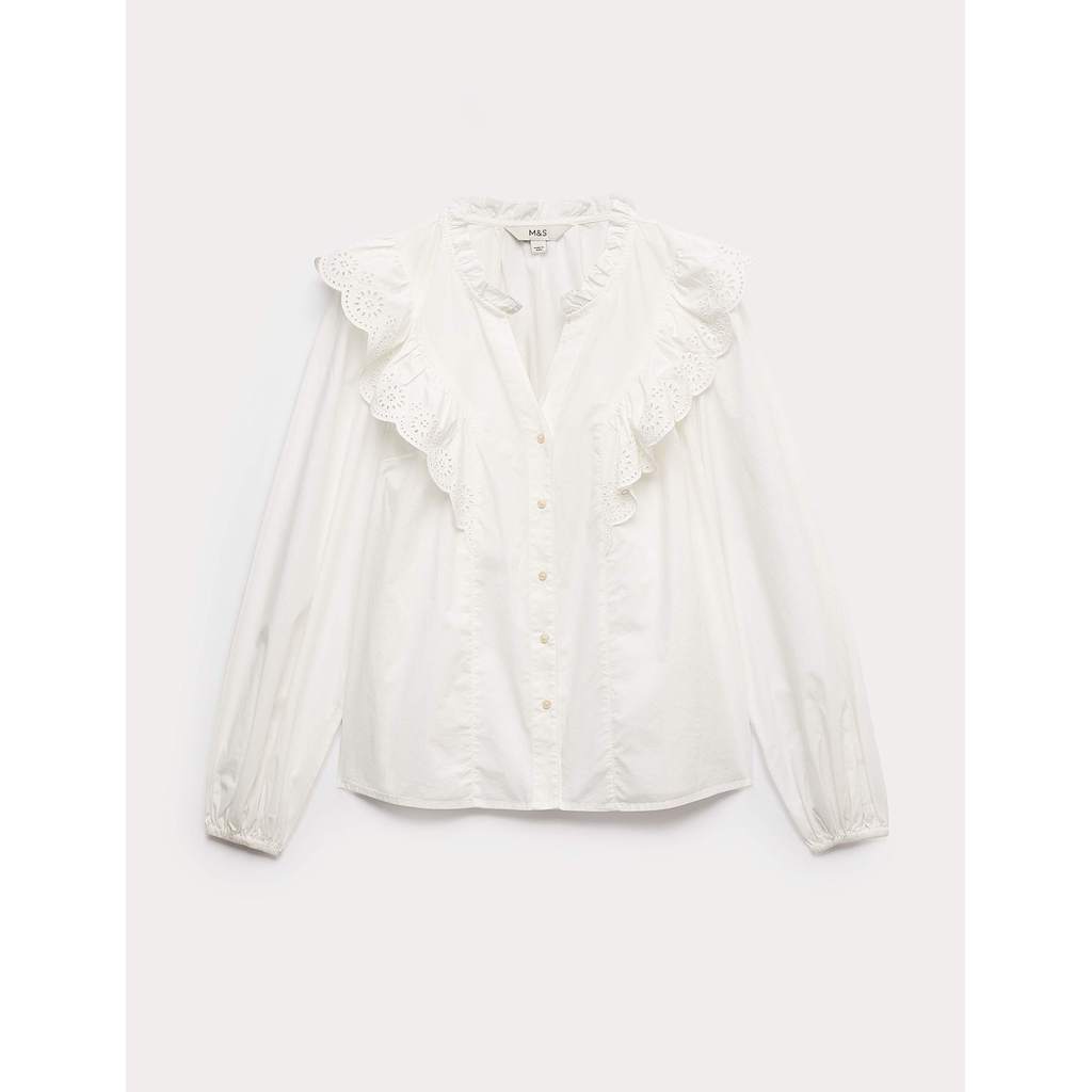 M&S - Women Tops - Pure Cotton Broderie Long Sleeve Blouse - IVORY