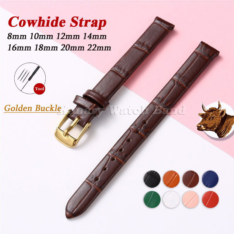 Dây đeo đồng hồ da bò đa năng 8mm 10mm 12mm 14mm 16mm 18mm 20mm 22mm Da thật Khóa vàng Dây đeo đồng 