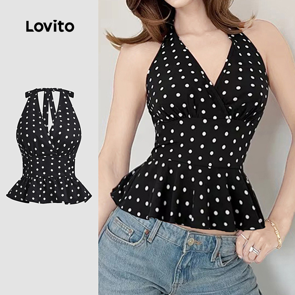 Lovito Áo sơ mi cao cấp elegant cột dây phía sau không dây mùa xuân/hè áo sơ mi đen trắng L154ED1133