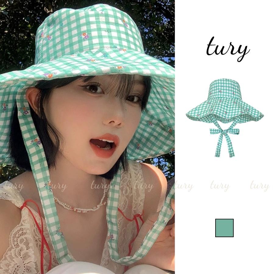 Mũ Tai Bèo - Tury - Mũ Bucket Rộng Vành Sọc Caro phối hoa nhỏ - NV088