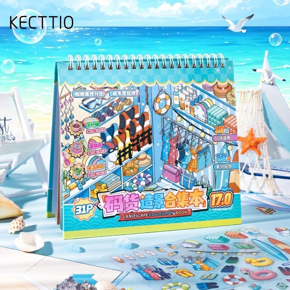 KECTTIO Sticker Book, Shop Scene PET Scenery Sticker, 10 Cảnh Sách Đồ Bơi Tiệm Bánh Bưu Điện Xếp Chồ