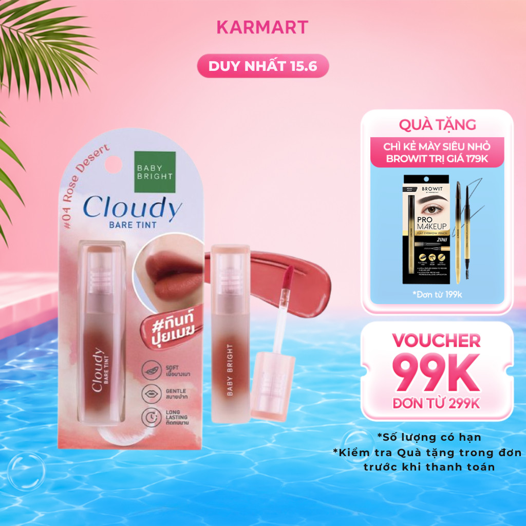 Son Tint Lì Baby Bright Cloudy Bare Tint Siêu Nhẹ Môi, Dễ Tán Màu, Dưỡng Ẩm Môi 2.6G