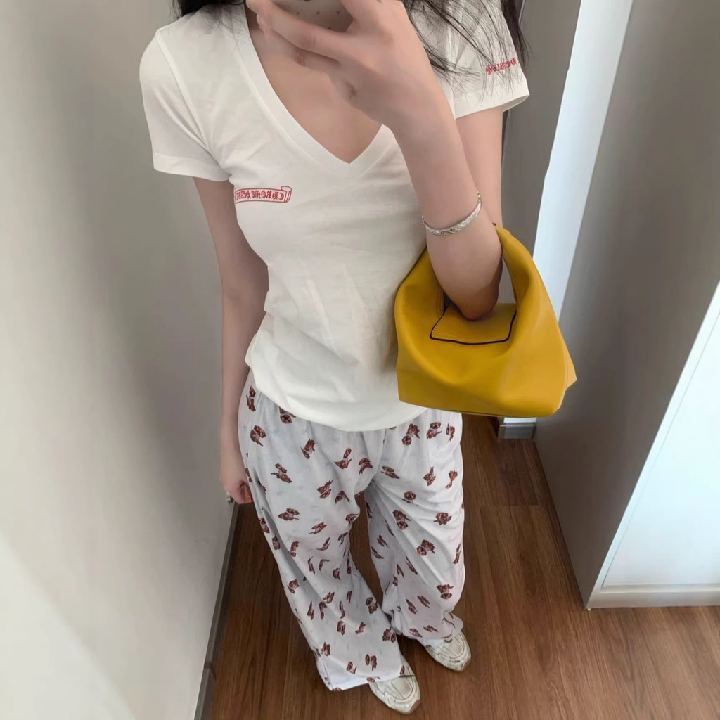 MAXU ~Nanyou CH Sanskrit cross print V Collar Short Sleeve T Women's T-shirt26New Summer Cotton Tops