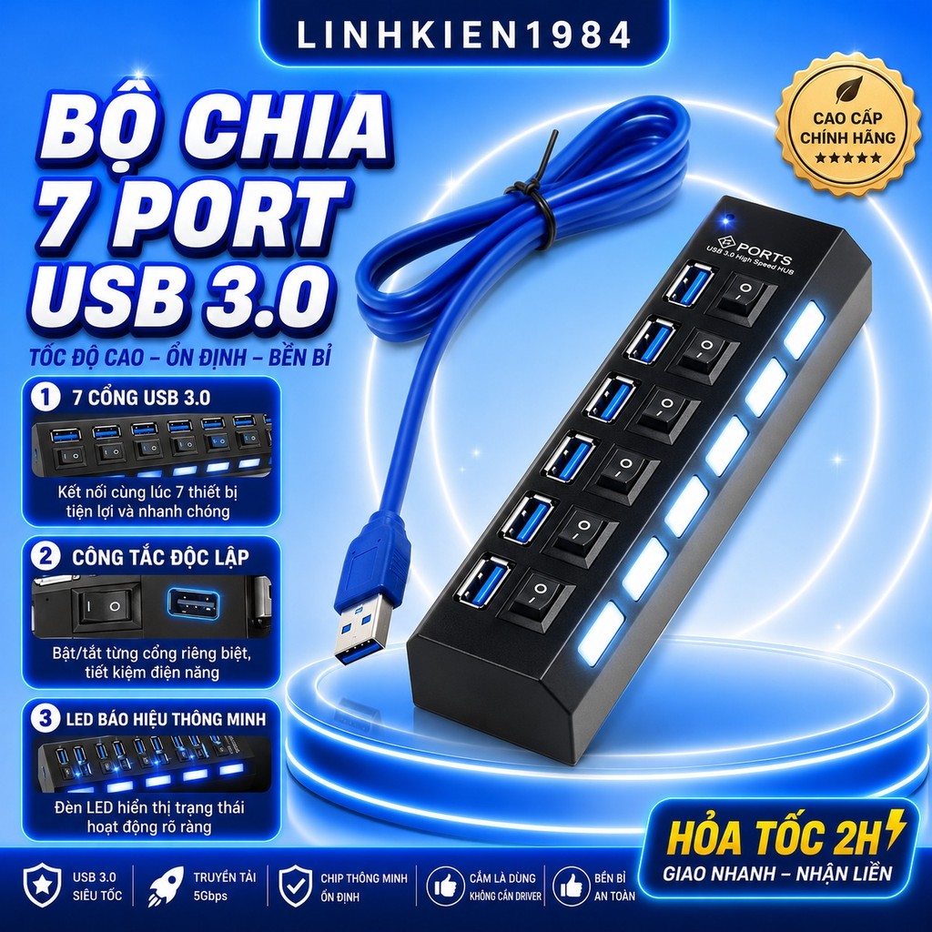 Bộ Chia USB 3.0 7 Cổng Có Công Tắc Độc Lập, Hub USB Tốc Độ Cao 5Gbps