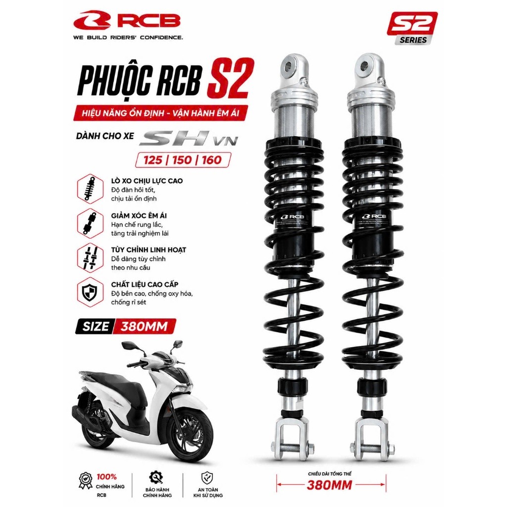 Phuộc Sau RCB Dành Cho SH Việt Nam 125 / 150 / 160 ( Mẫu S2 / Size : 380MM / Lò Xo Đen ) Hàng Chính 