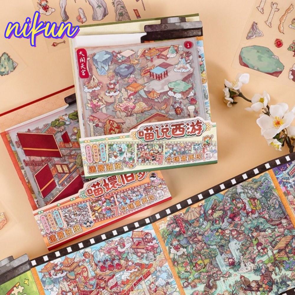 NIKUN Cabin Scene, Meow Gets Into Character Scroll Style DIY Sticker Book, Cartoon Cat Kawaii Design