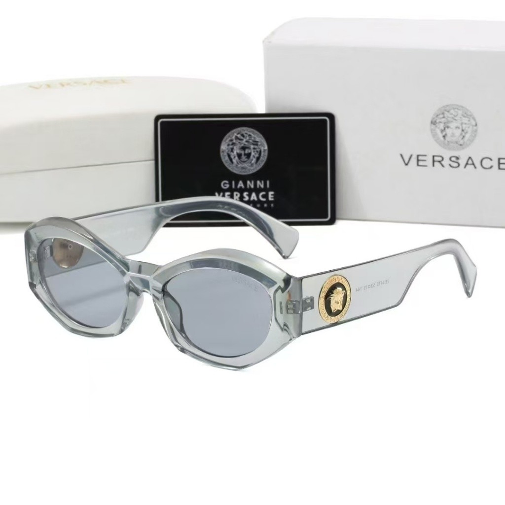 Kính râm mắt mèo VERSACE Màu xám trong suốt Khung Acetate LOGO Nhãn vàng Kính râm thông thường XSK