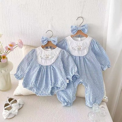 Body Tay Dài Họa Tiết Thỏ Caro Sọc Cổ Yếm Xanh Bé Gái Sơ Sinh 1 2 Tuổi MINTSCLOSET Quảng Châu BS6611