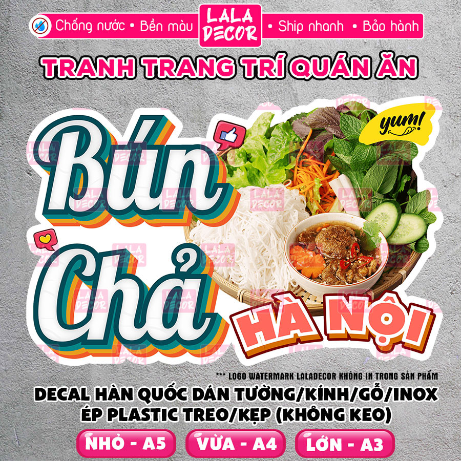 Tranh Dán Tường Bún Chả Chống Nước 🎀 Decal Bún Chả Sẵn Keo/Ép Plastic, Decal Trang Trí Quán F31-14