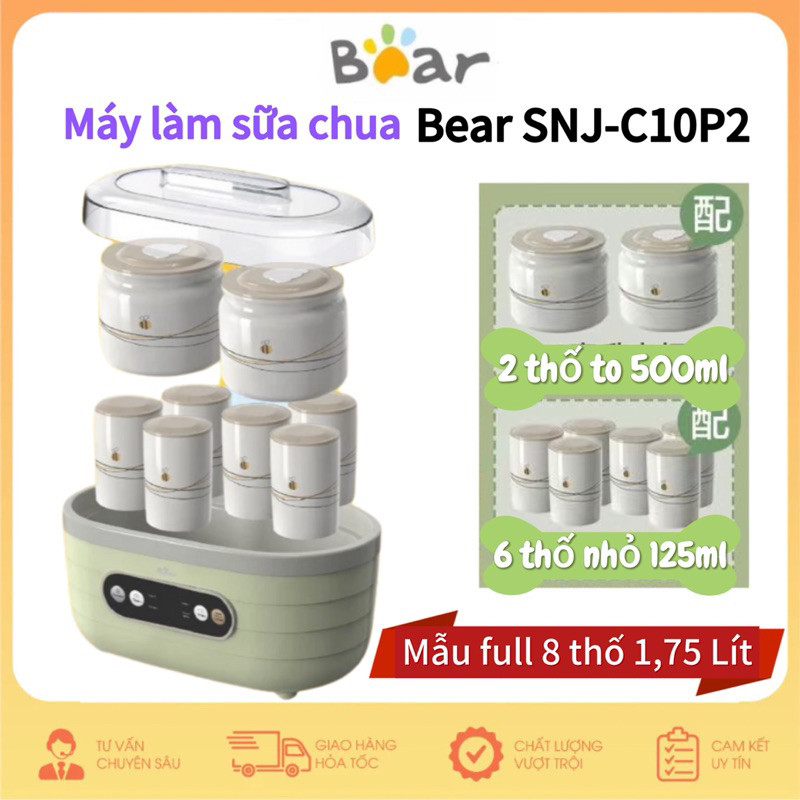 Máy làm sữa chua Bear SNJ-C10P2 mẫu full 8 thố sứ 1,75L có thể điều chỉnh thời gian hẹn giờ hàng cao cấp