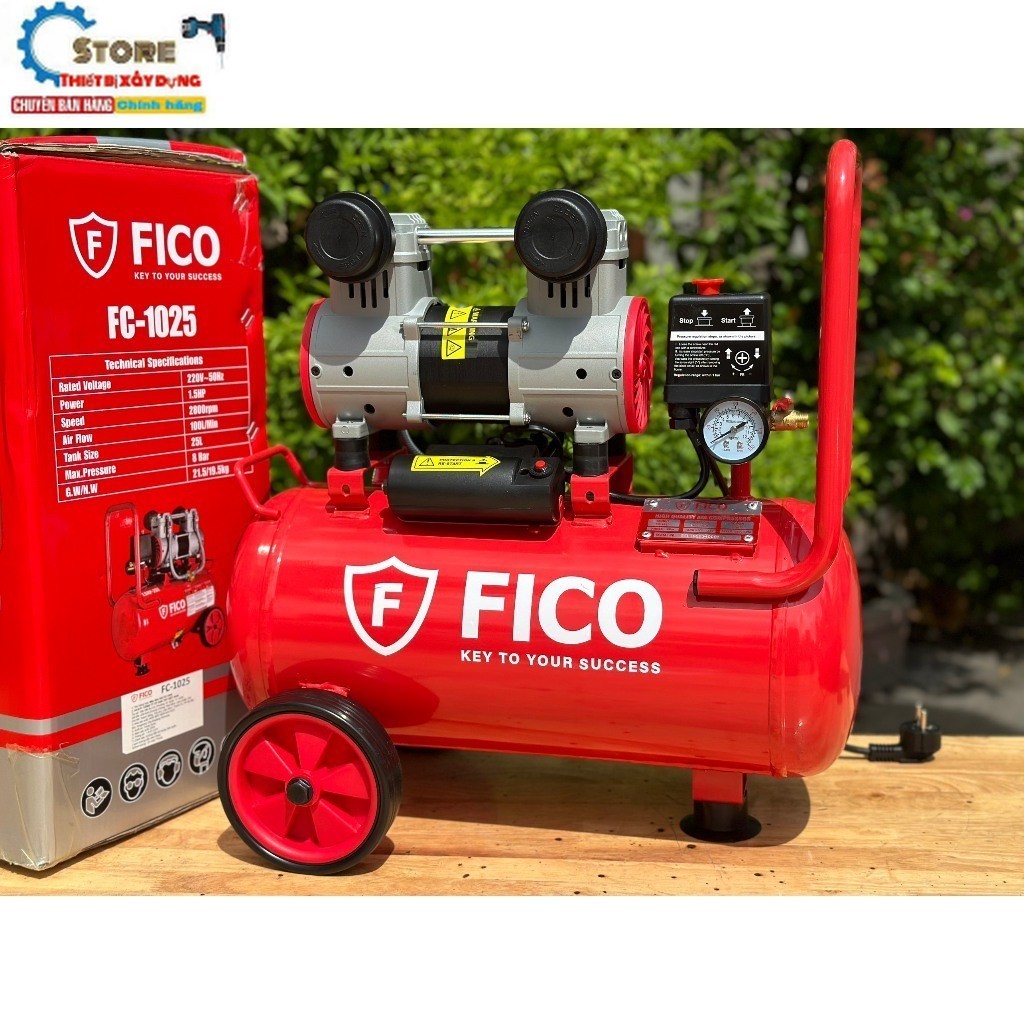 Máy nén khí không dầu 25 lít FICO-25 L FC-1025 Công suất 1.5HP, lõi đồng Store thiết bị HUKAN
