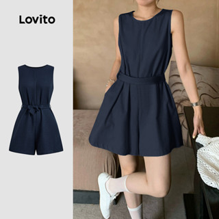 Lovito jumpsuit thắt lưng causal cổ buộc trước xuân/hè màu xanh cho phụ nữ L139AD148