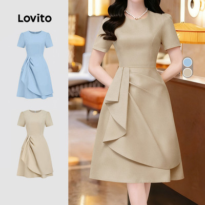Đầm Lovito thanh lịch bất đối xứng xếp nếp mùa xuân/hè màu kaki cho nữ L165ED1546