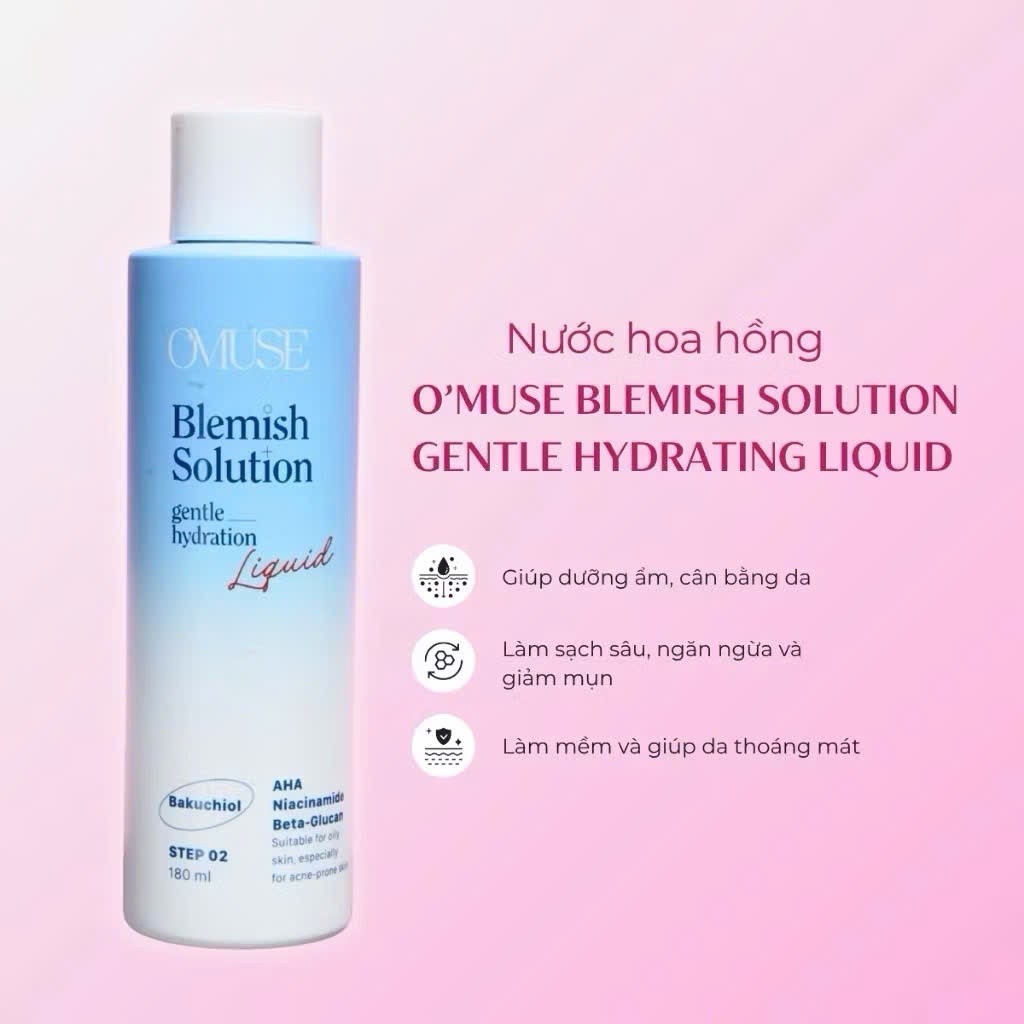 Toner giúp ngừa mụn và cấp ẩm Omuse Blemish Solution Gentle Hydrating Liquid 180ml