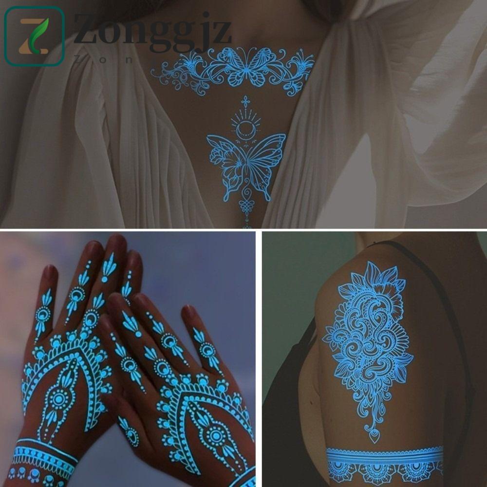 ZONGGJZ Nhãn Dán Hình Xăm Henna Dạ Quang, Cánh Tay Chân Ấn Độ Hoa Trắng Henna Hình Xăm Đề Can, Ren H