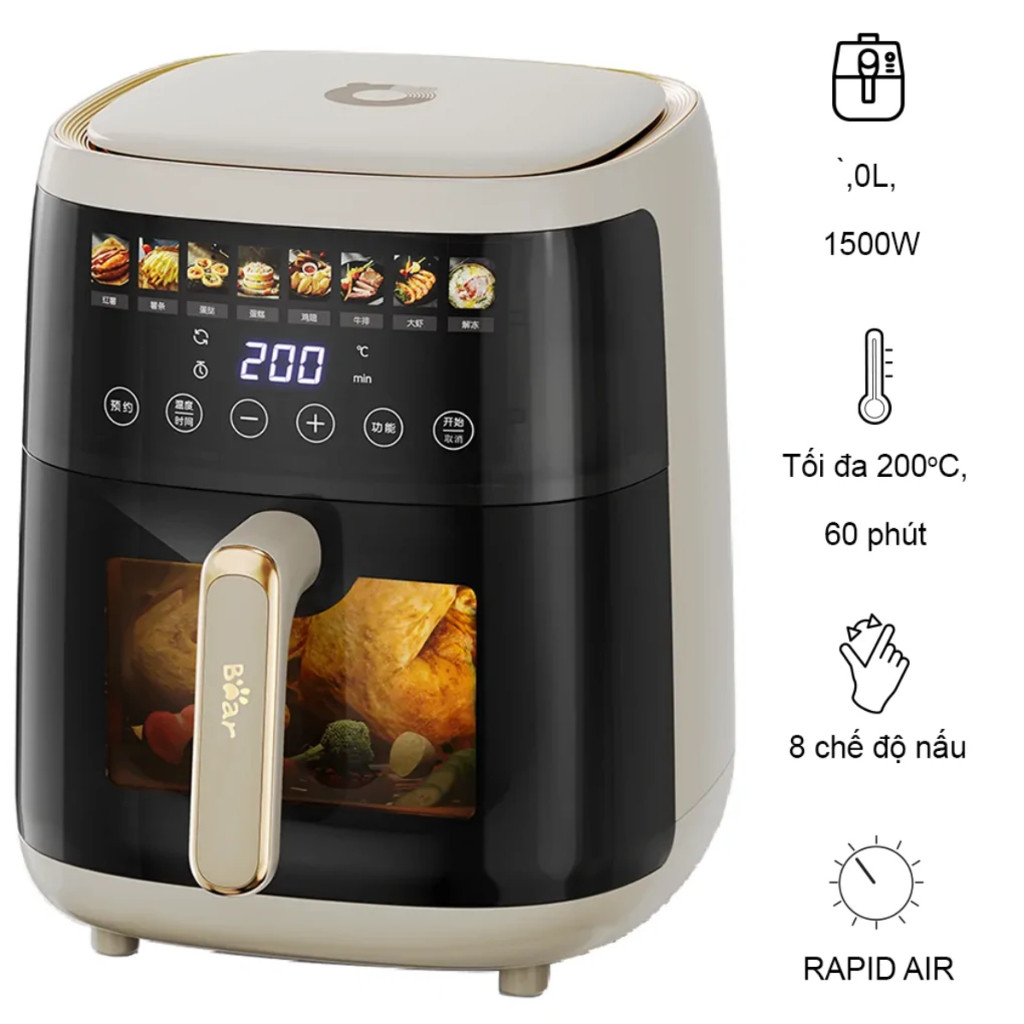 Nồi Chiên Không Dầu Bear QZG-F15H1 5L | Cửa Sổ Kính Trong Suốt Điện Tử Cảm Ứng Thông Minh - Hàng Chí