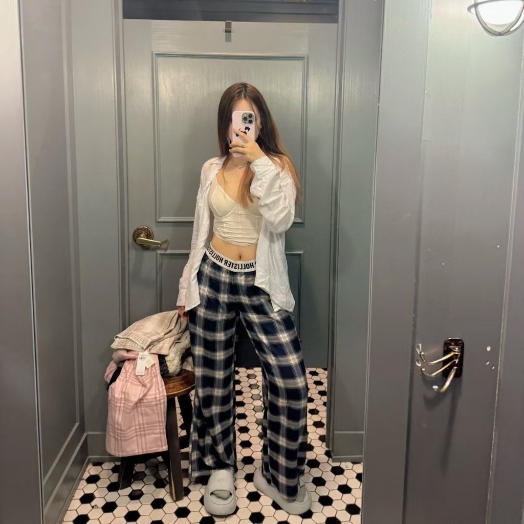 XDXN American Retro HCO Seagull plaid letter tape casual long pants pajama pants versatile plaid pan