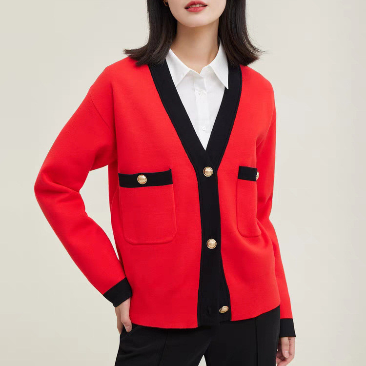 1F2Q New Year's Zodiac Year Red Knitted Cardigan V Collared single-breasted contrasting color Chanel