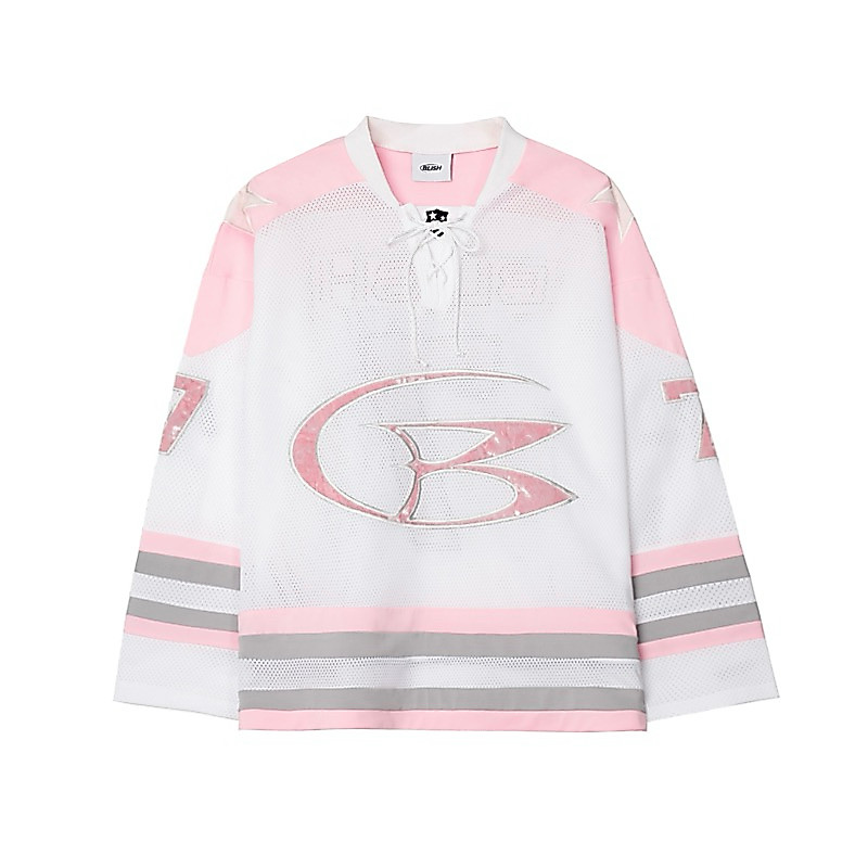 Blish B logo Hockey Jersey trắng phối hồng xám.